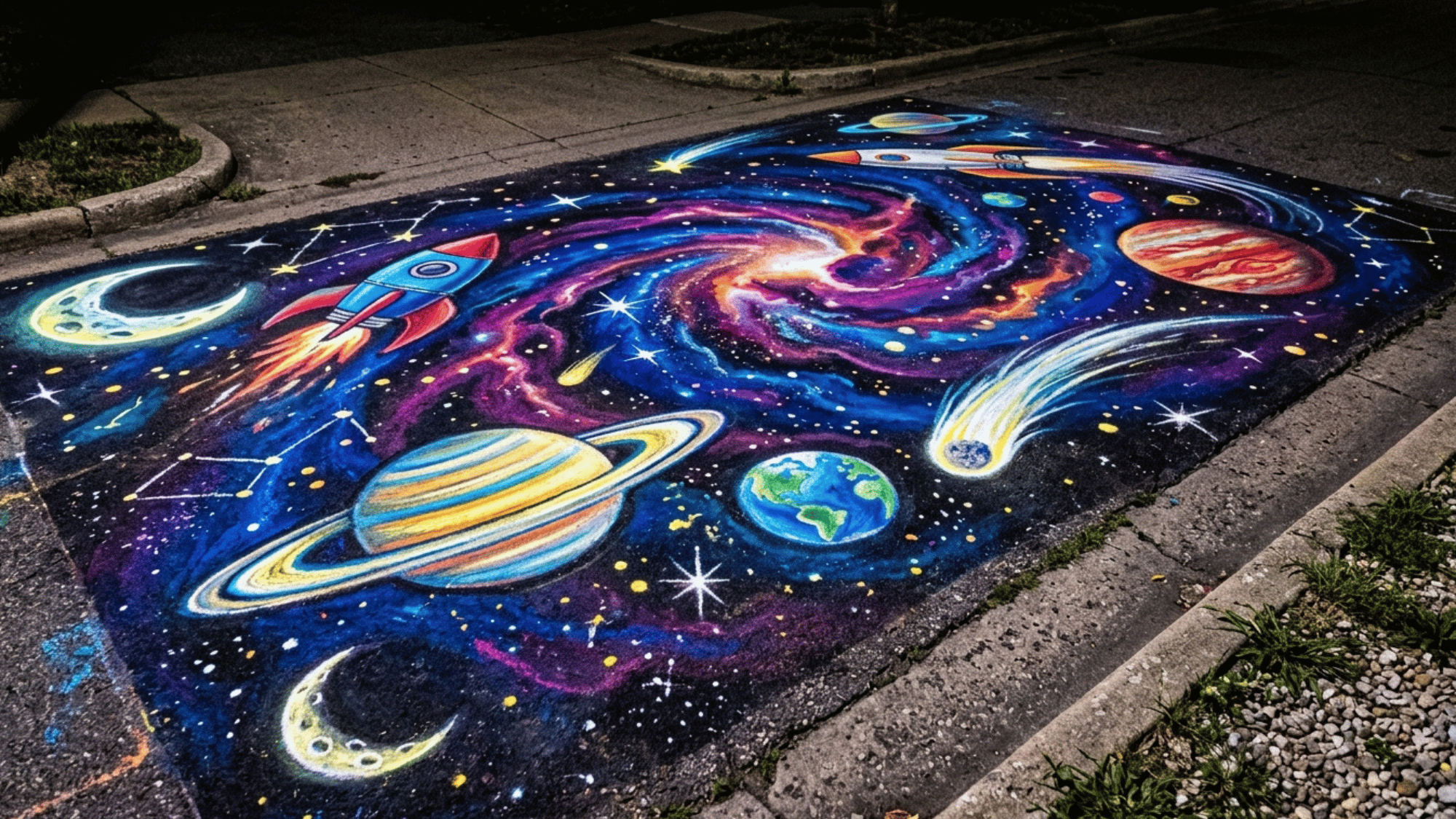 bold sidewalk chalk art space scene featuring planets, stars, rocket ships, moons,