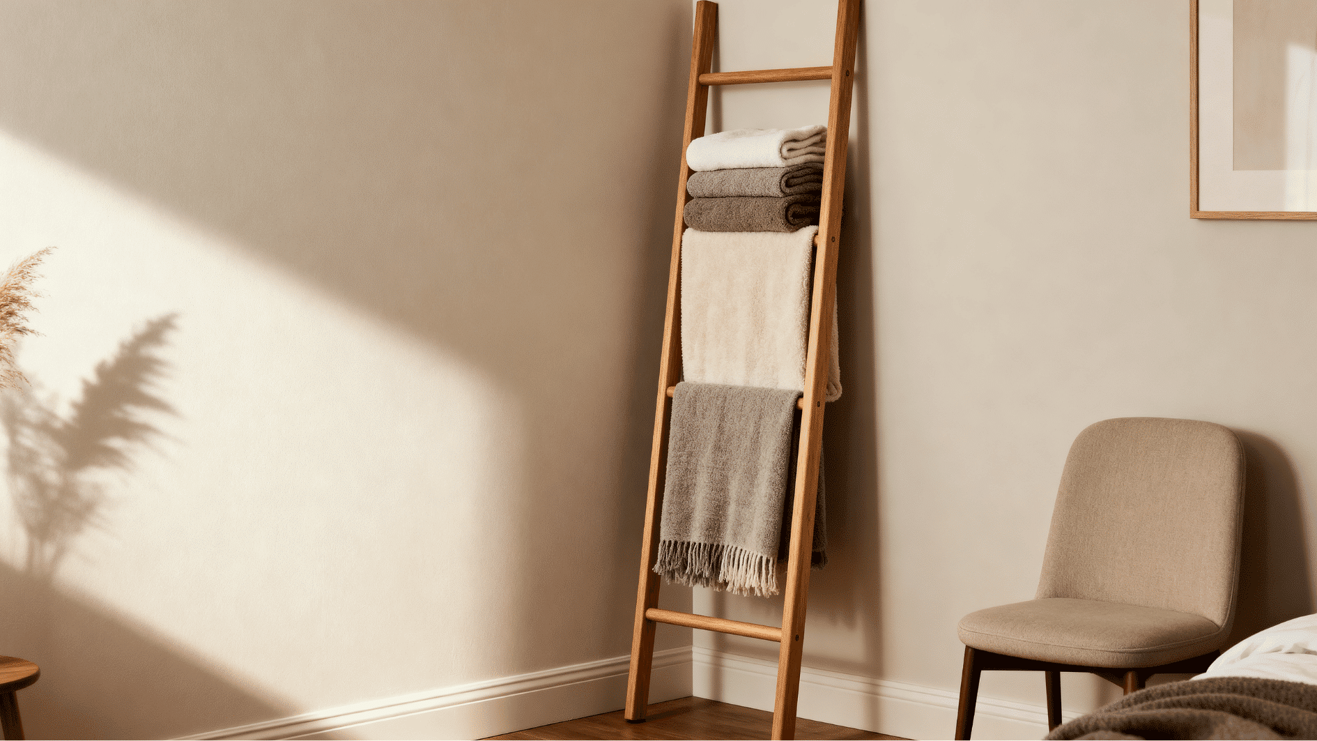 space-saving blanket ladder neatly placed in a corner with folded blankets in a small room