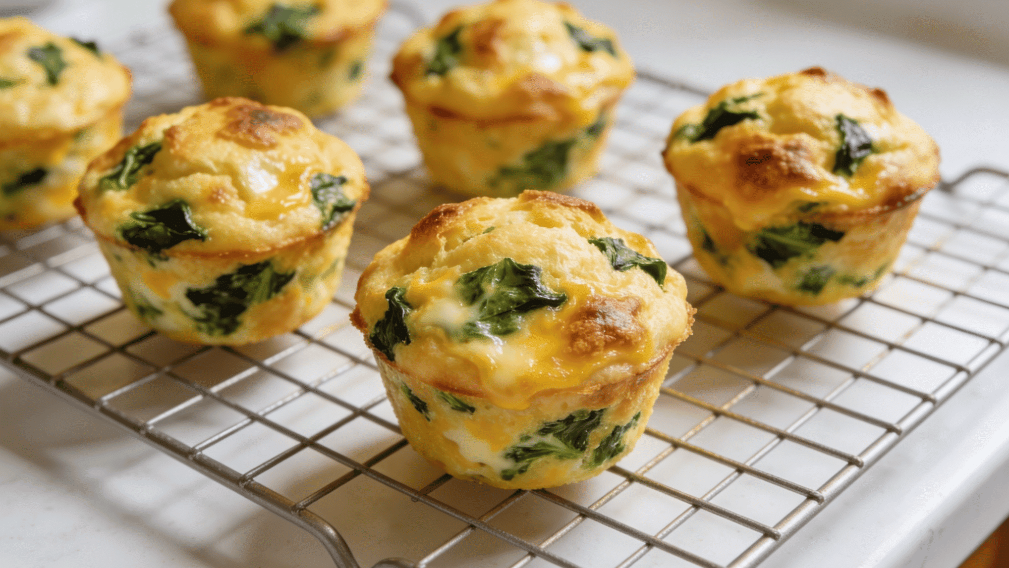 spinach and cheese egg muffins on wire cooling rack with spinach flecks, healthy meal ideas for kids