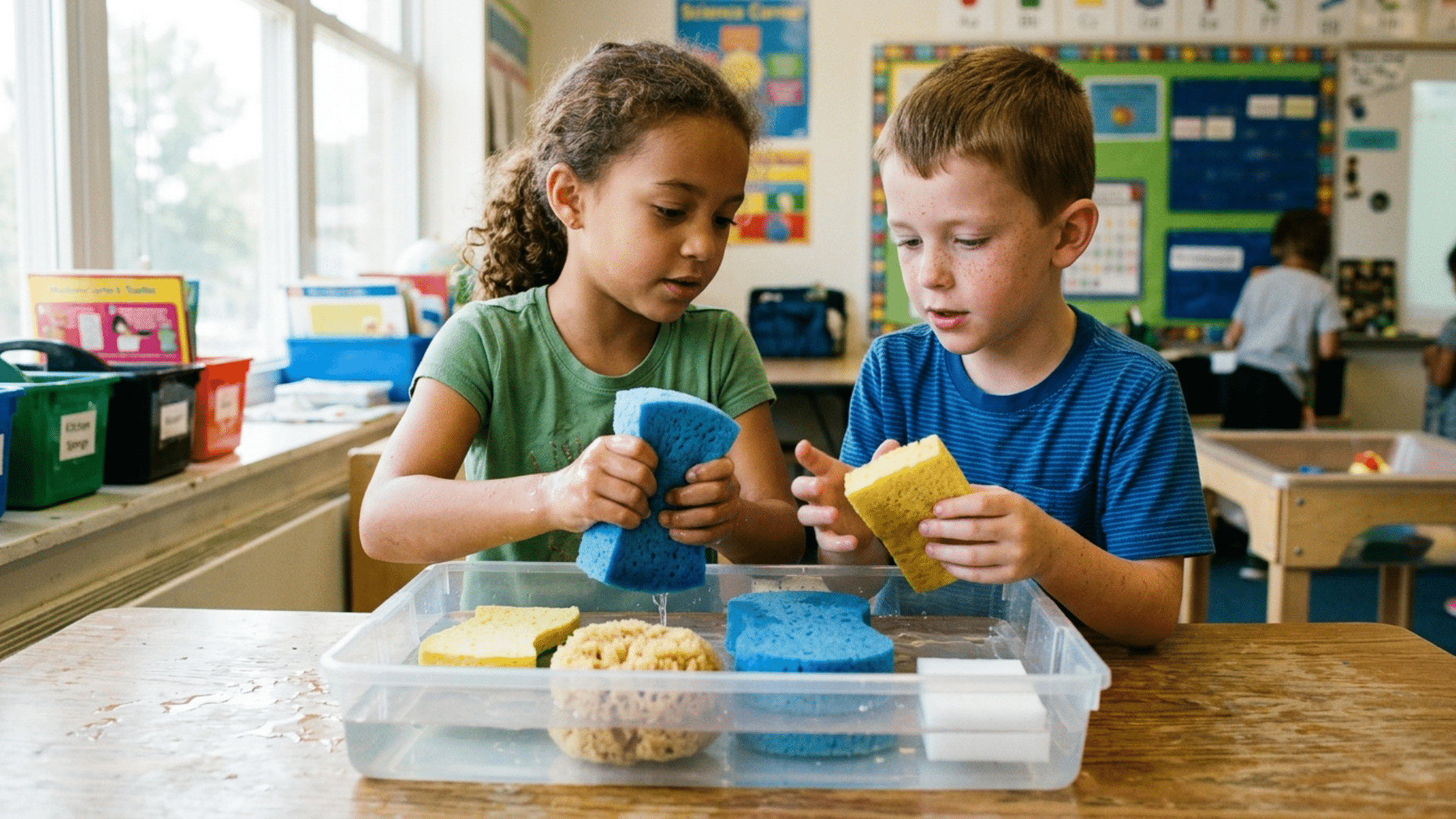 children comparing how quickly different sponges absorb water in a tray