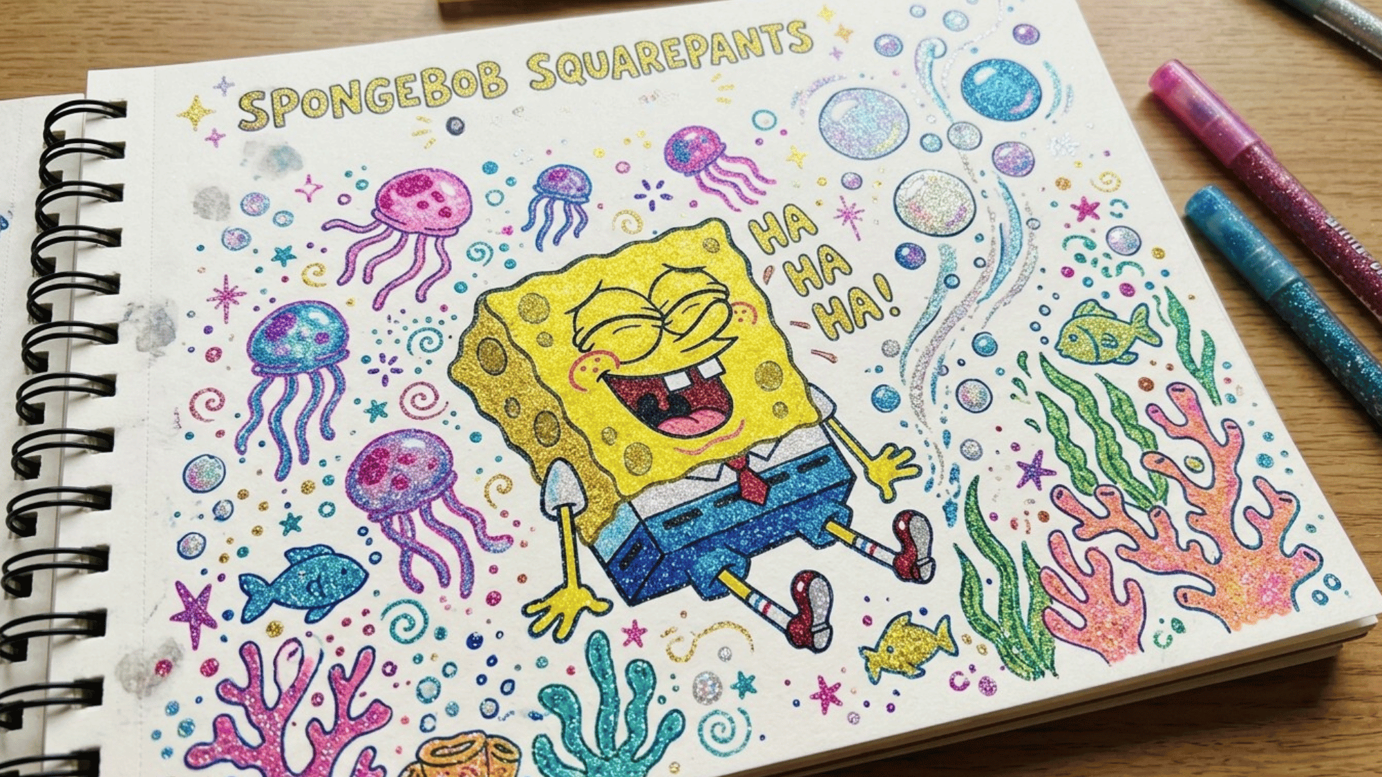 glitter pen drawing of spongebob square pants