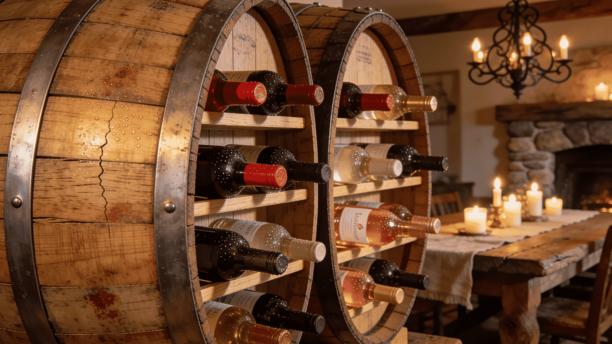 stacked solid wood wine crates in staggered pattern holding bottles against rustic kitchen wall