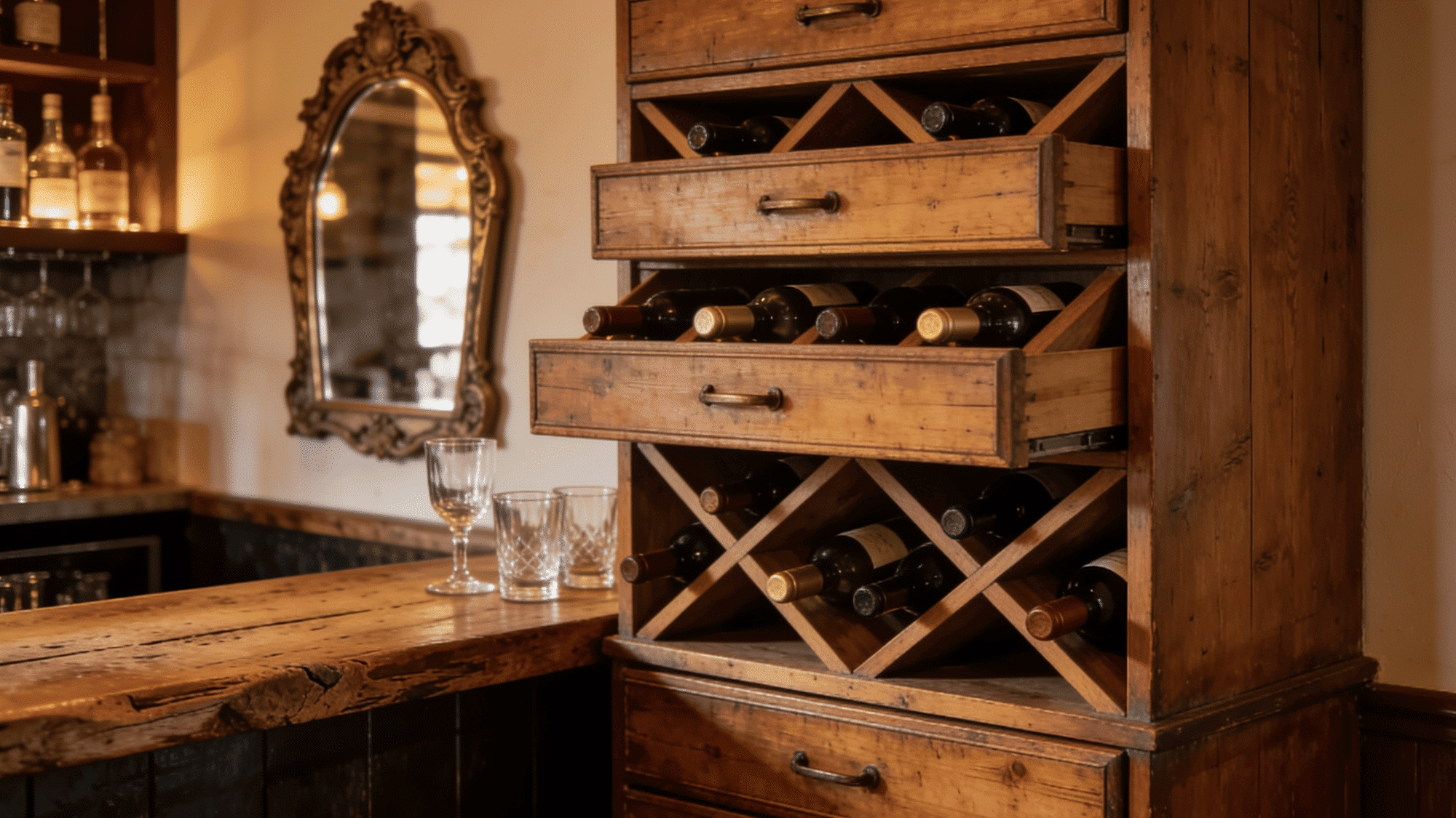 stacked wooden dresser drawers with diagonal dividers holding wine bottles cozy home bar corne