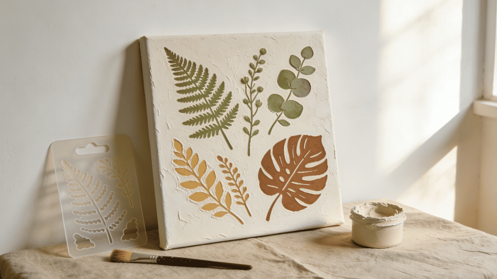stenciled botanical textured painting canvas with fern eucalyptus motifs in olive ochre brown