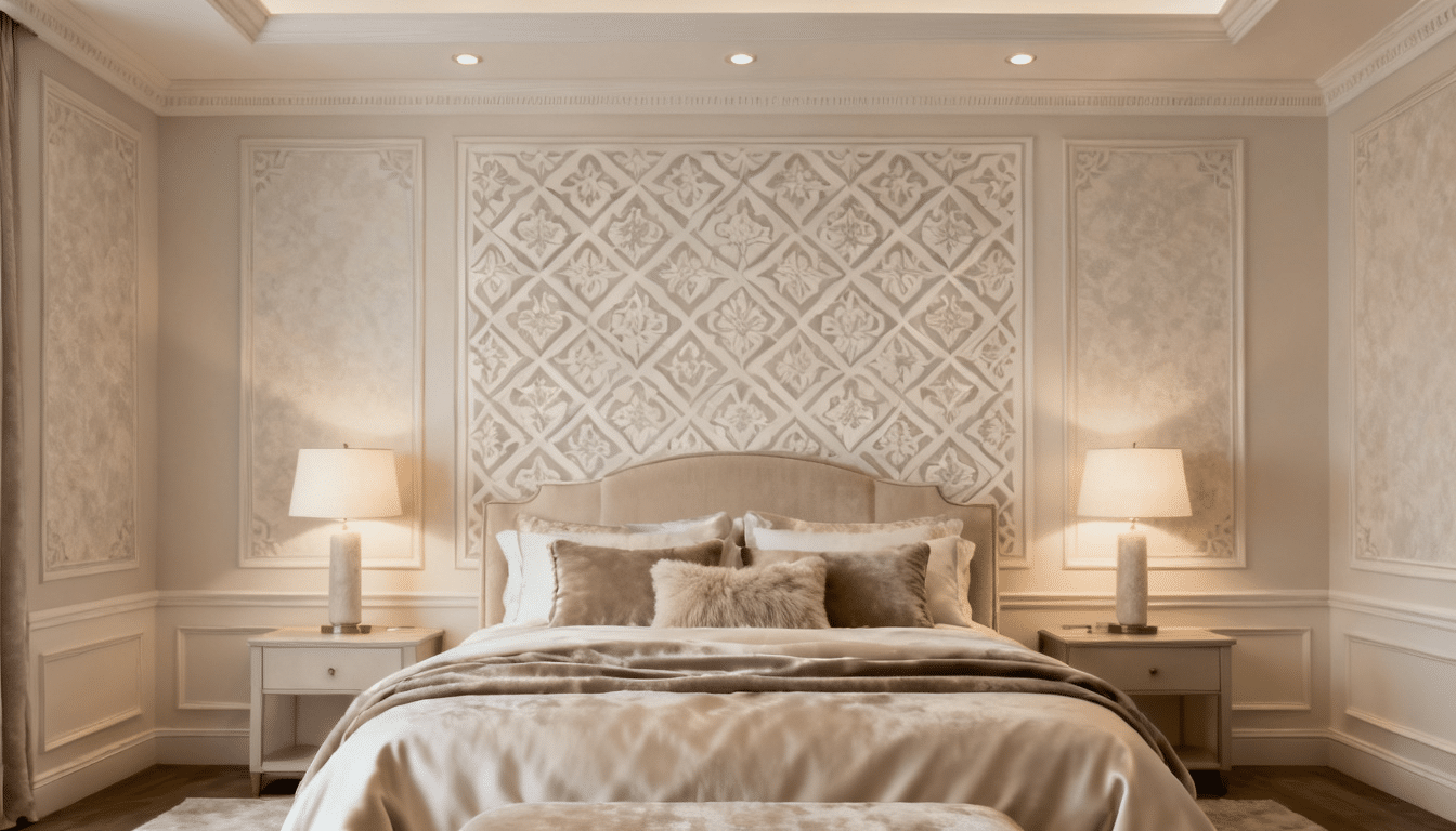 Elegant stenciled accent wall with repeating geometric patterns creating a wallpaper-like effect.