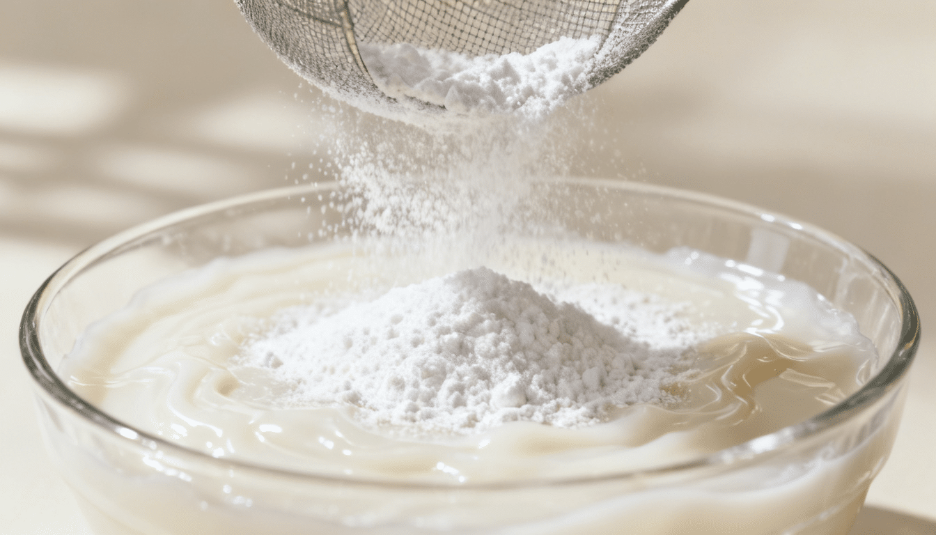 Fine white arrowroot powder being sifted through a mesh sieve into a thick melted natural deodorant mixture in a bowl.