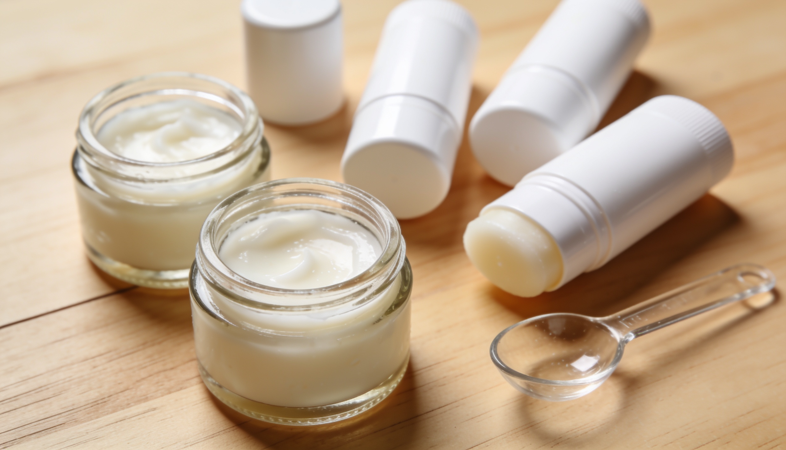 Freshly poured homemade natural deodorant cooling in deodorant tubes and small glass jars on a clean wooden surface.