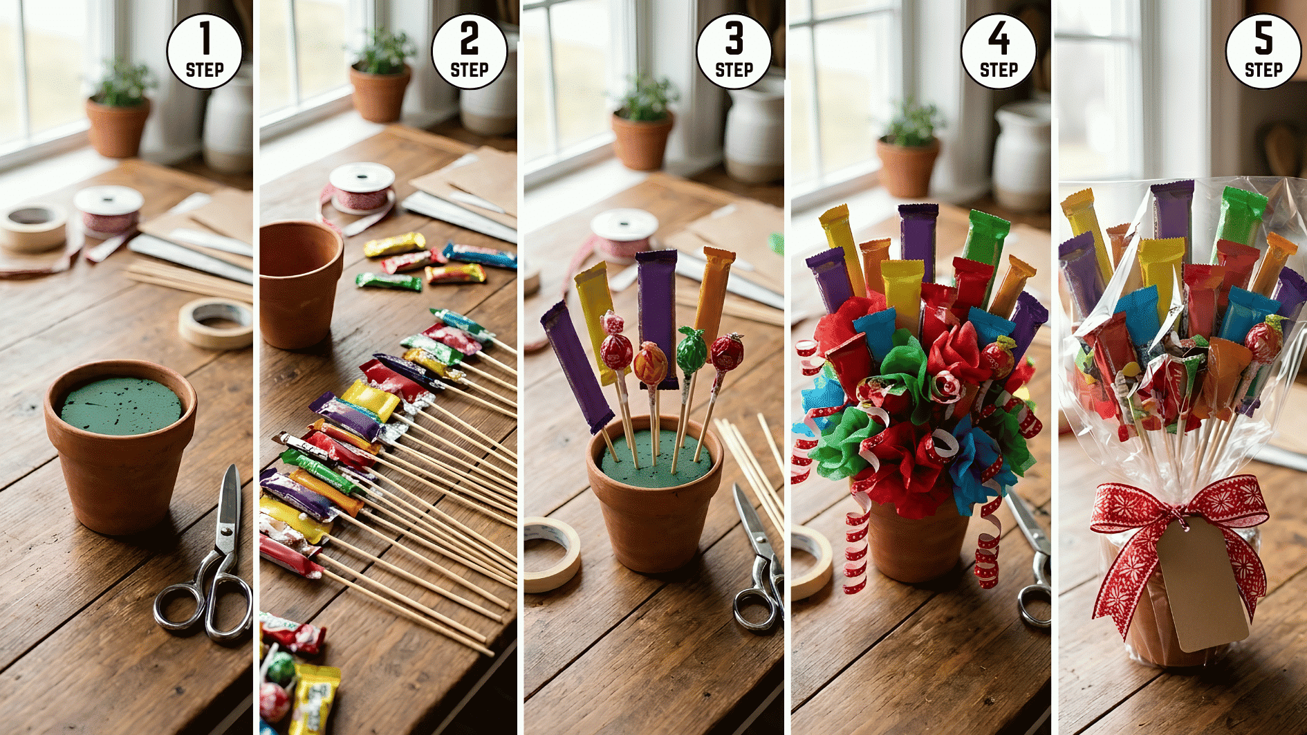 step by step candy bouquet tutorial showing assembly decoration and gift wrapping in a small flower pot