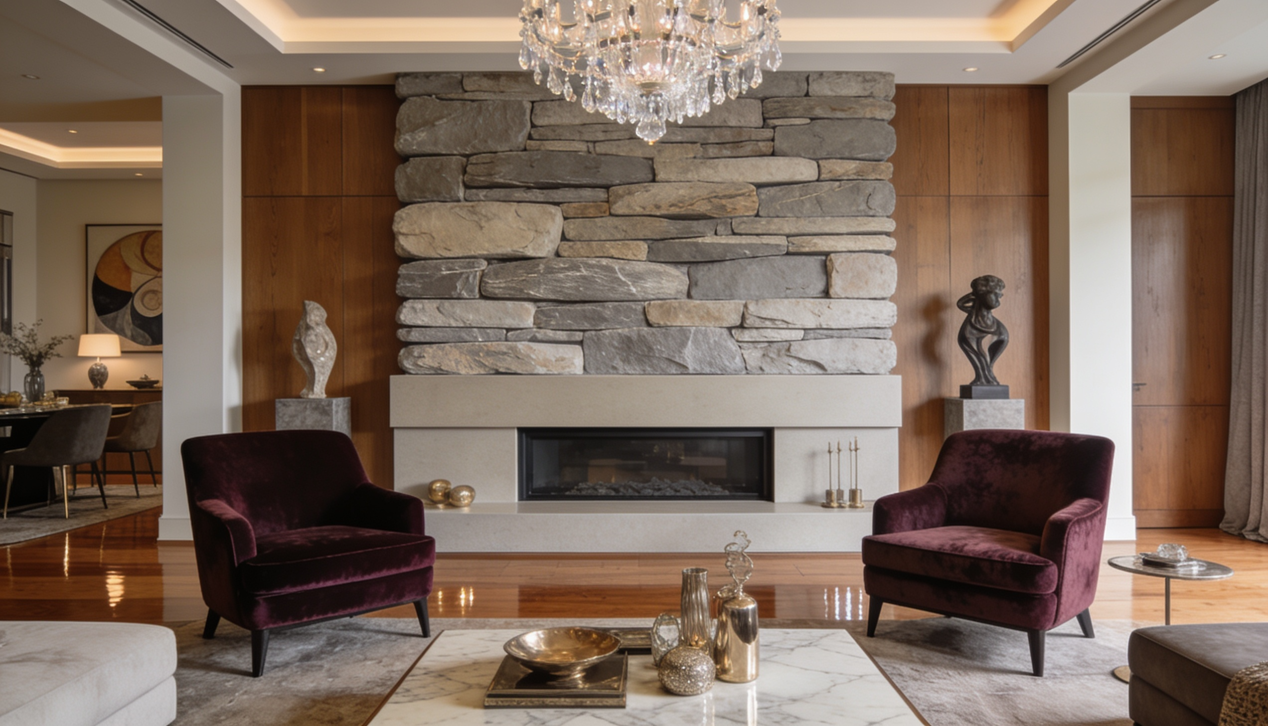 Stone veneer accent wall with layered faux stone panels in a modern living room