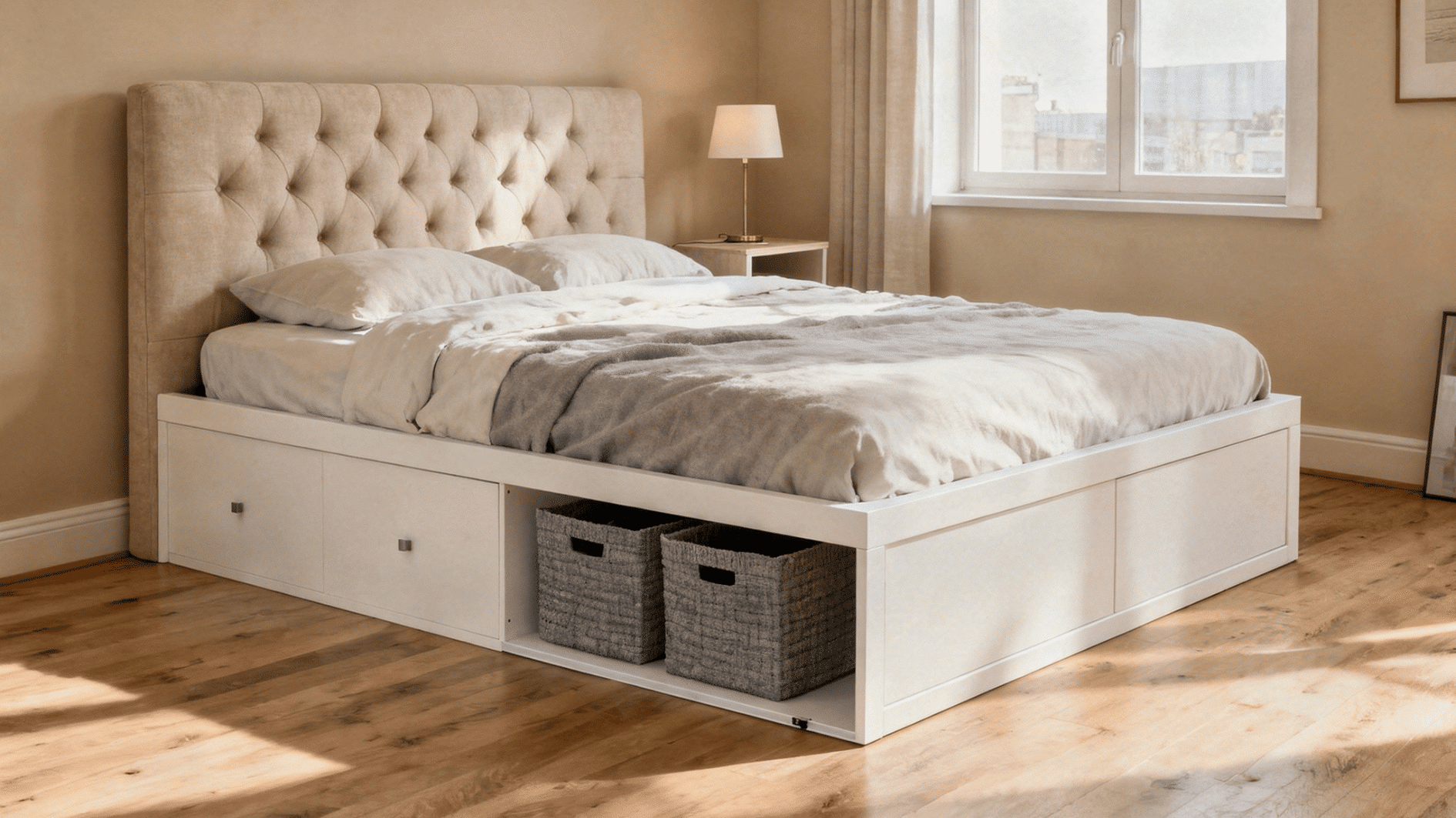 storage bed with built in drawers and fabric baskets in a bright minimalist bedroom