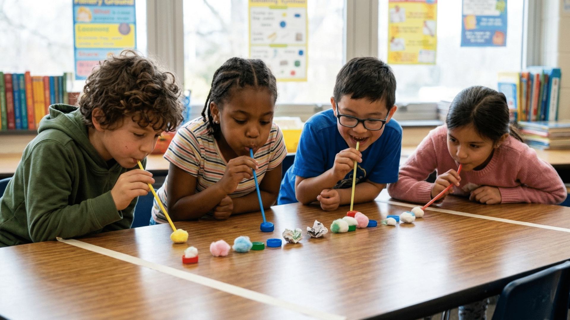 children blowing through straws to push small objects across a table in an air pressure race