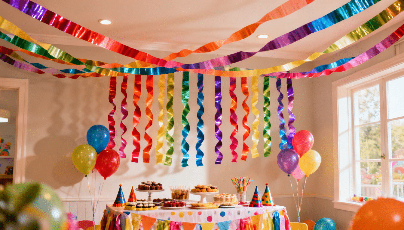 Rainbow streamer ceiling above a kids' birthday party table in a bright room.