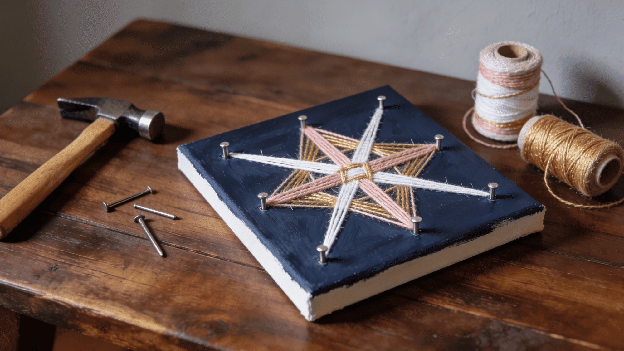 string and nail diy canvas art on navy background with gold white pink thread starburst on walnut table with hammer and spools