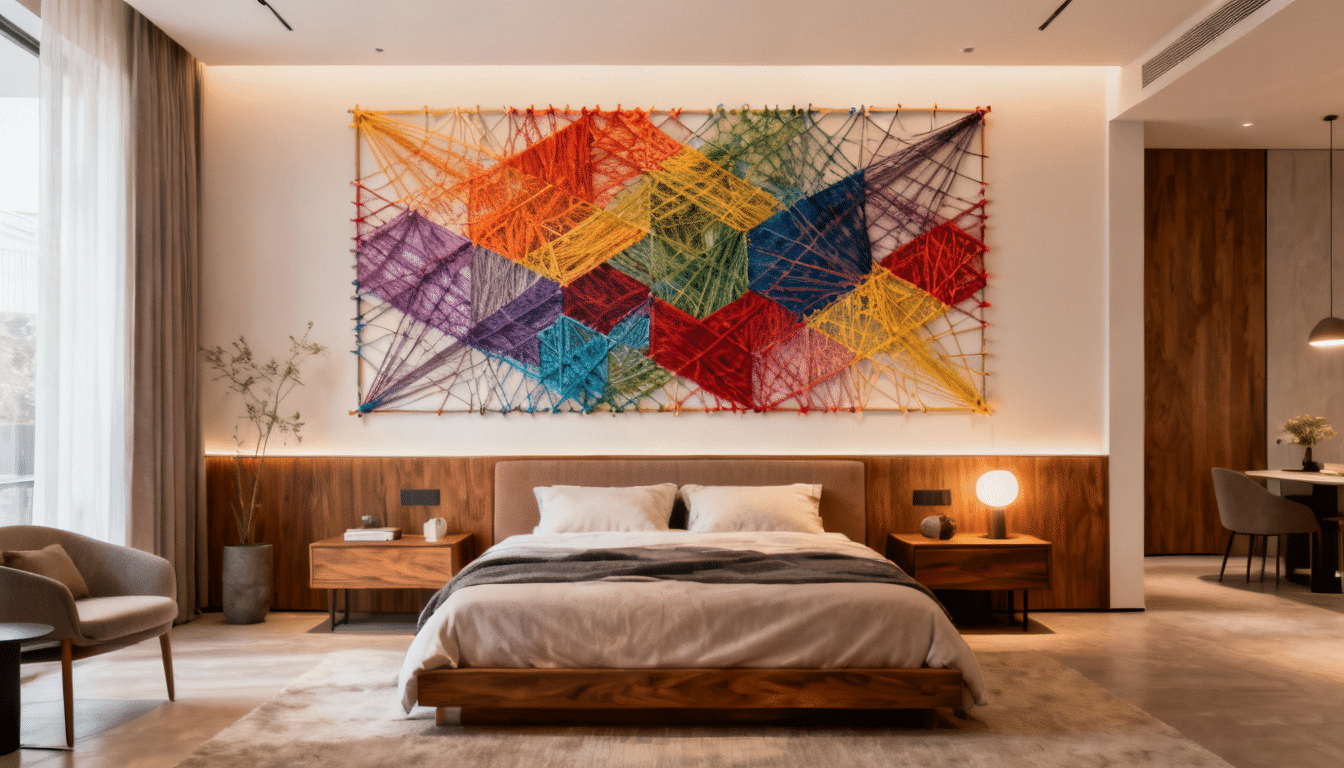 DIY string art wall with thread patterns stretched across nails above a modern bed