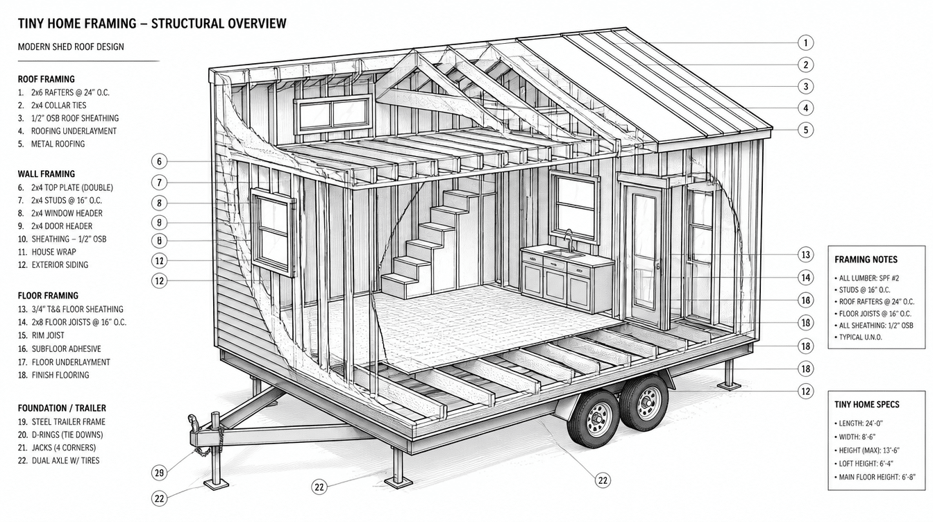 structural framing diagram of a tiny home on a trailer, 24x8.5 ft