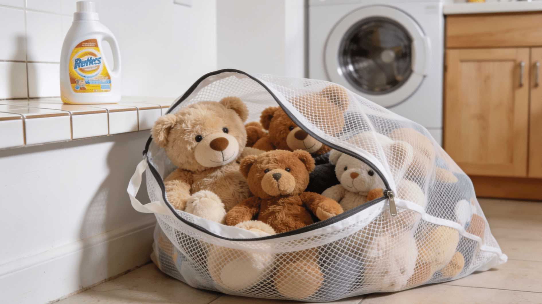 stuffed teddy bears inside a mesh laundry bag beside detergent and washing machine in a laundry room