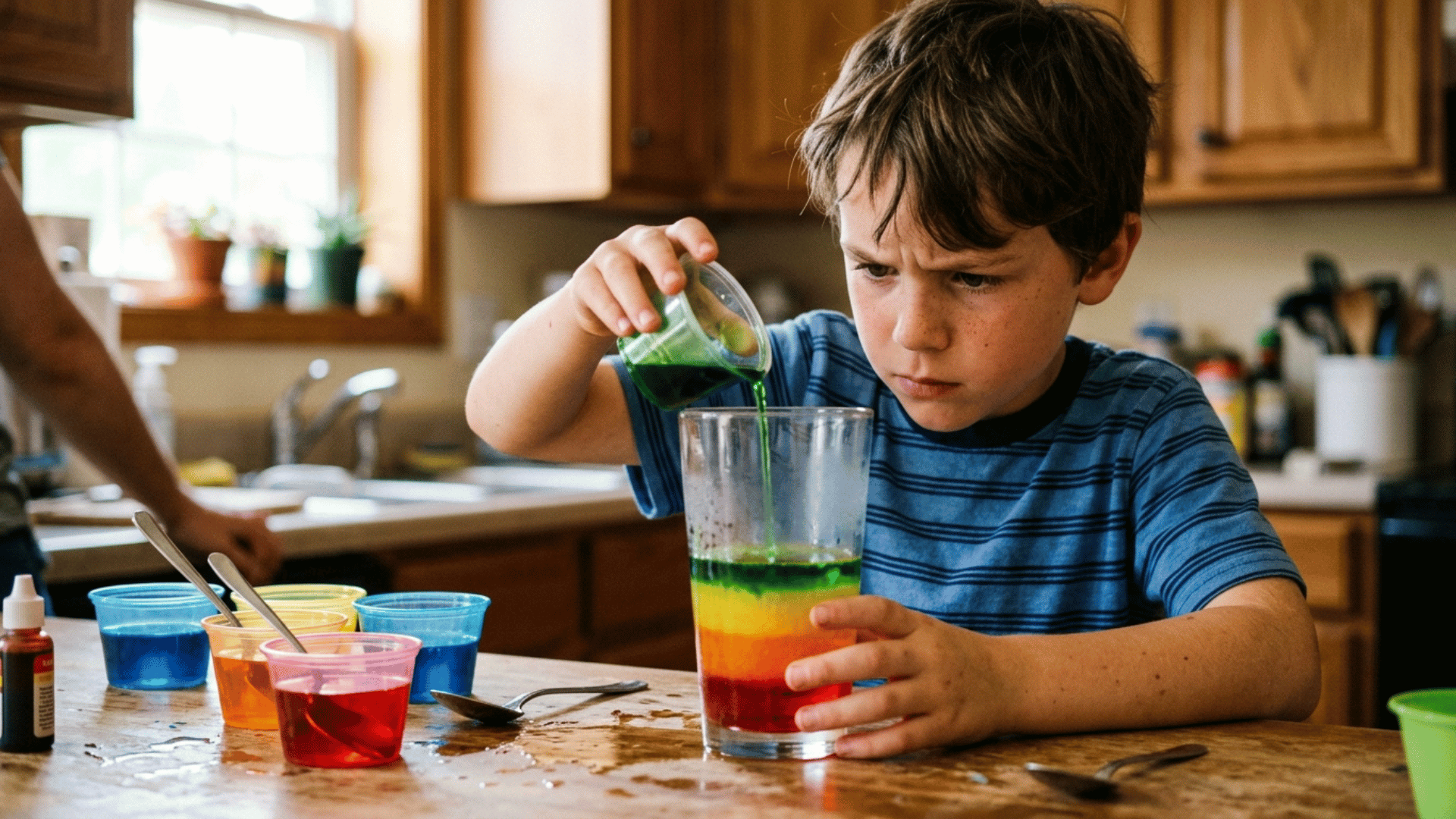 american kid pouring colored sugar water into a glass to make rainbow density layers