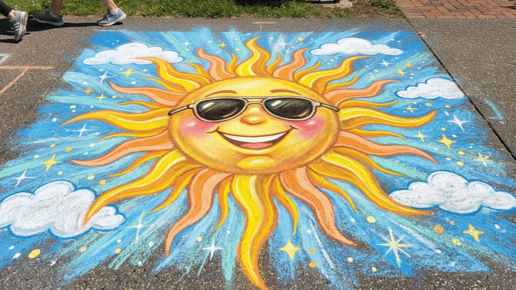 cheerful chalk art sun with a round smiling face, bright yellow-orange rays, sunglasses
