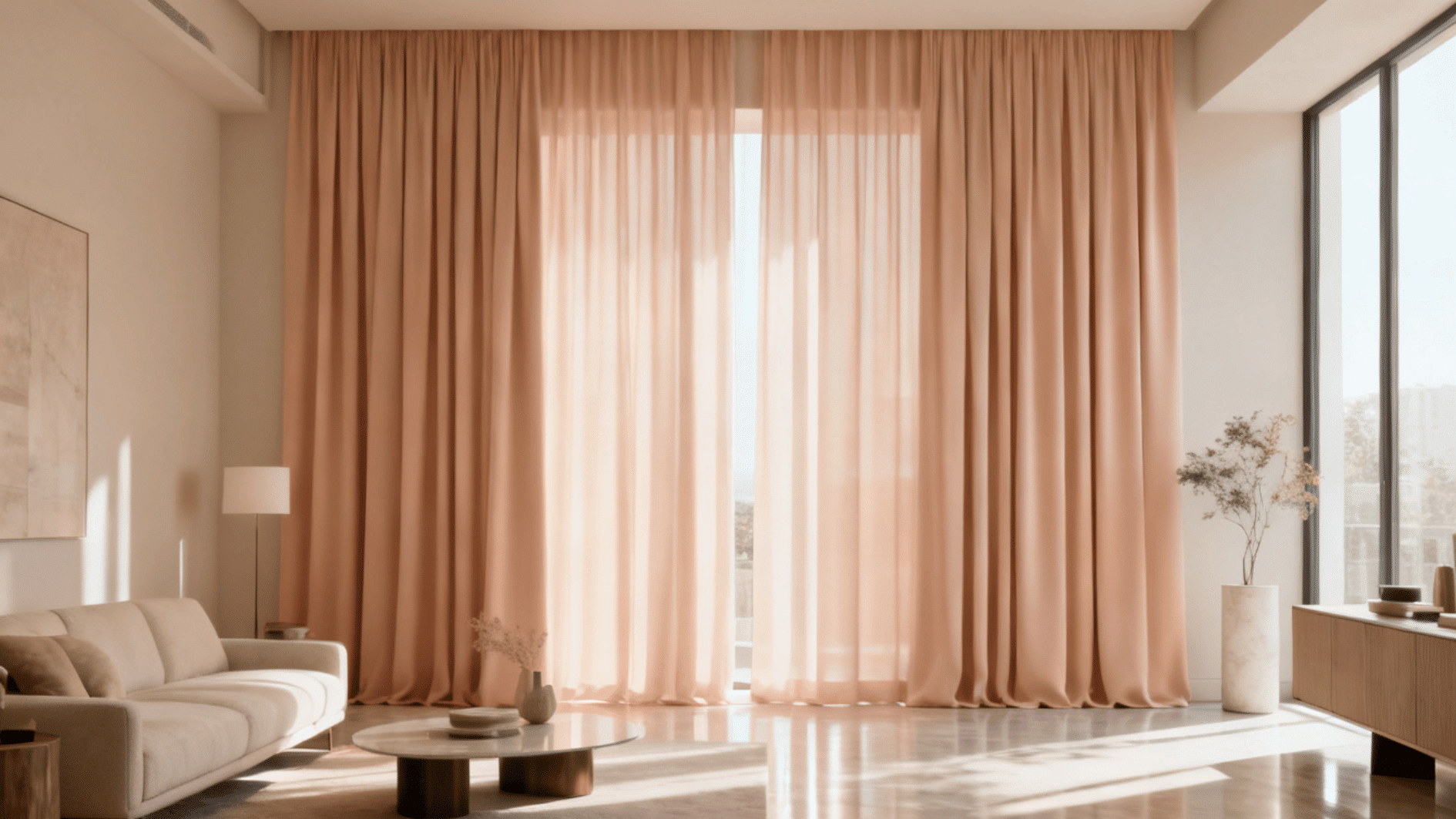 sunlit living room with sheer blush curtains, neutral furniture and minimalist decor