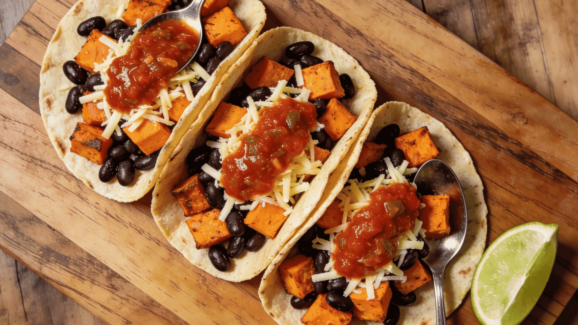 sweet potato and black bean tacos on corn tortillas with cheese and salsa, healthy meal ideas for kids