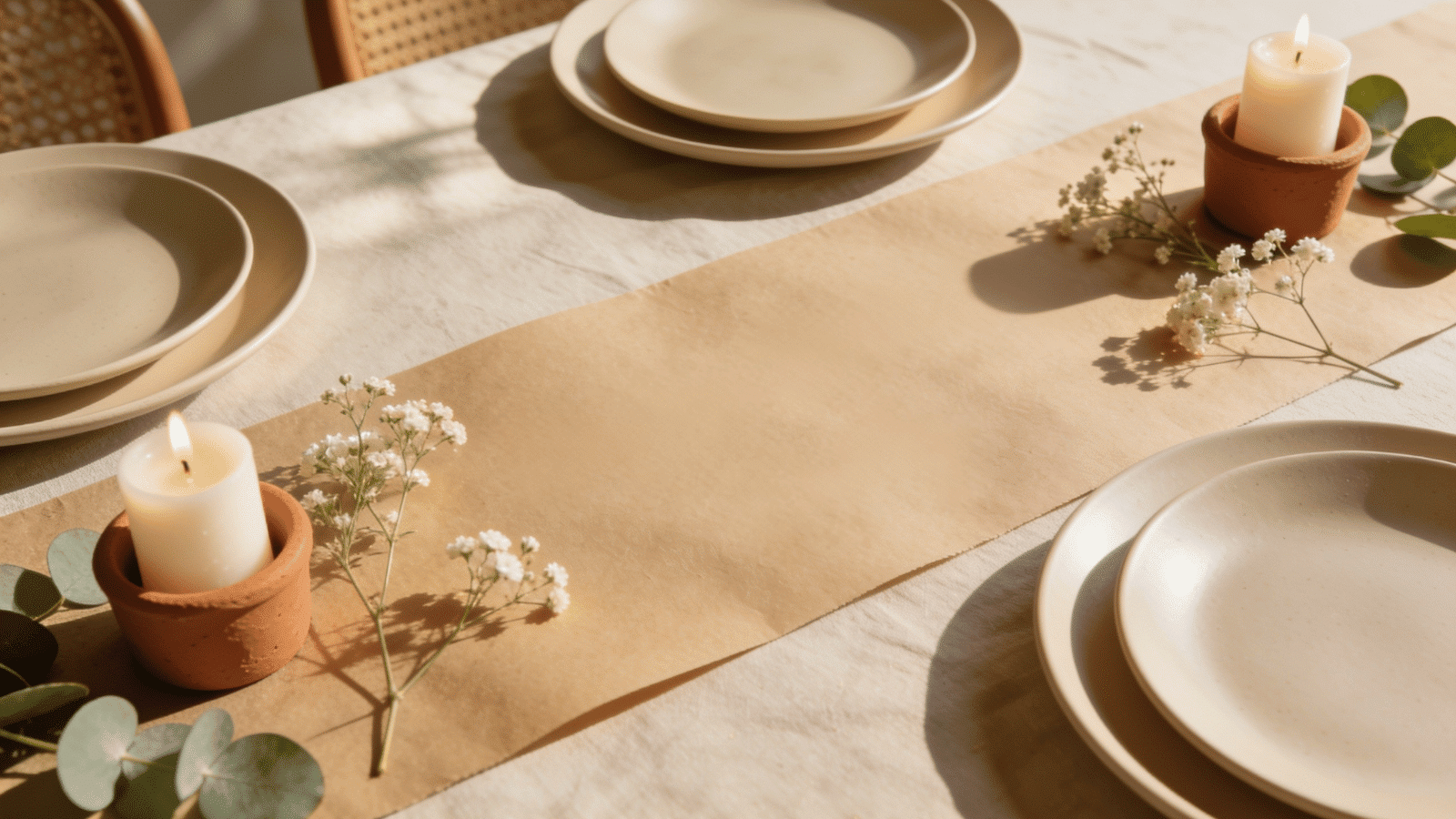 DIY kraft paper table runner with flowers and candles on a birthday party table.