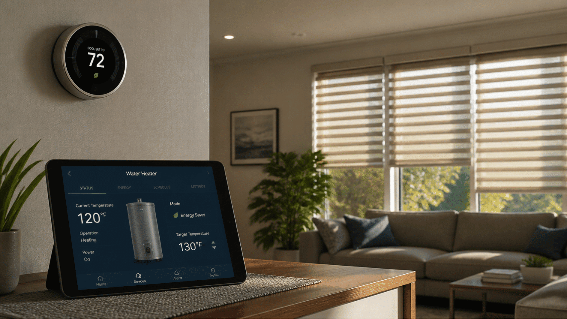 tablet controlling water heater settings beside smart thermostat in a bright energy efficient living room