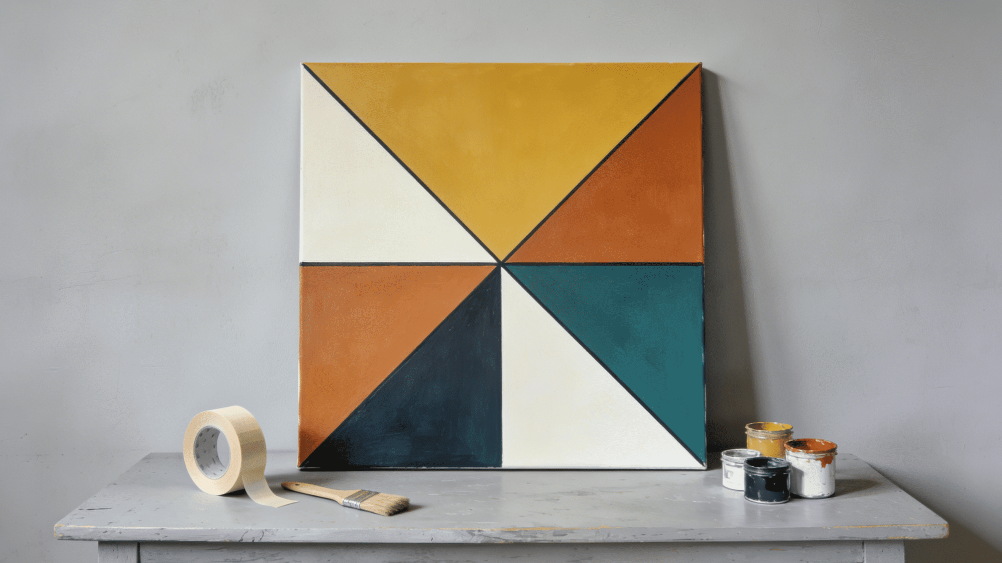 tape resist geometric diy canvas art with mustard yellow burnt orange and teal sharp triangles