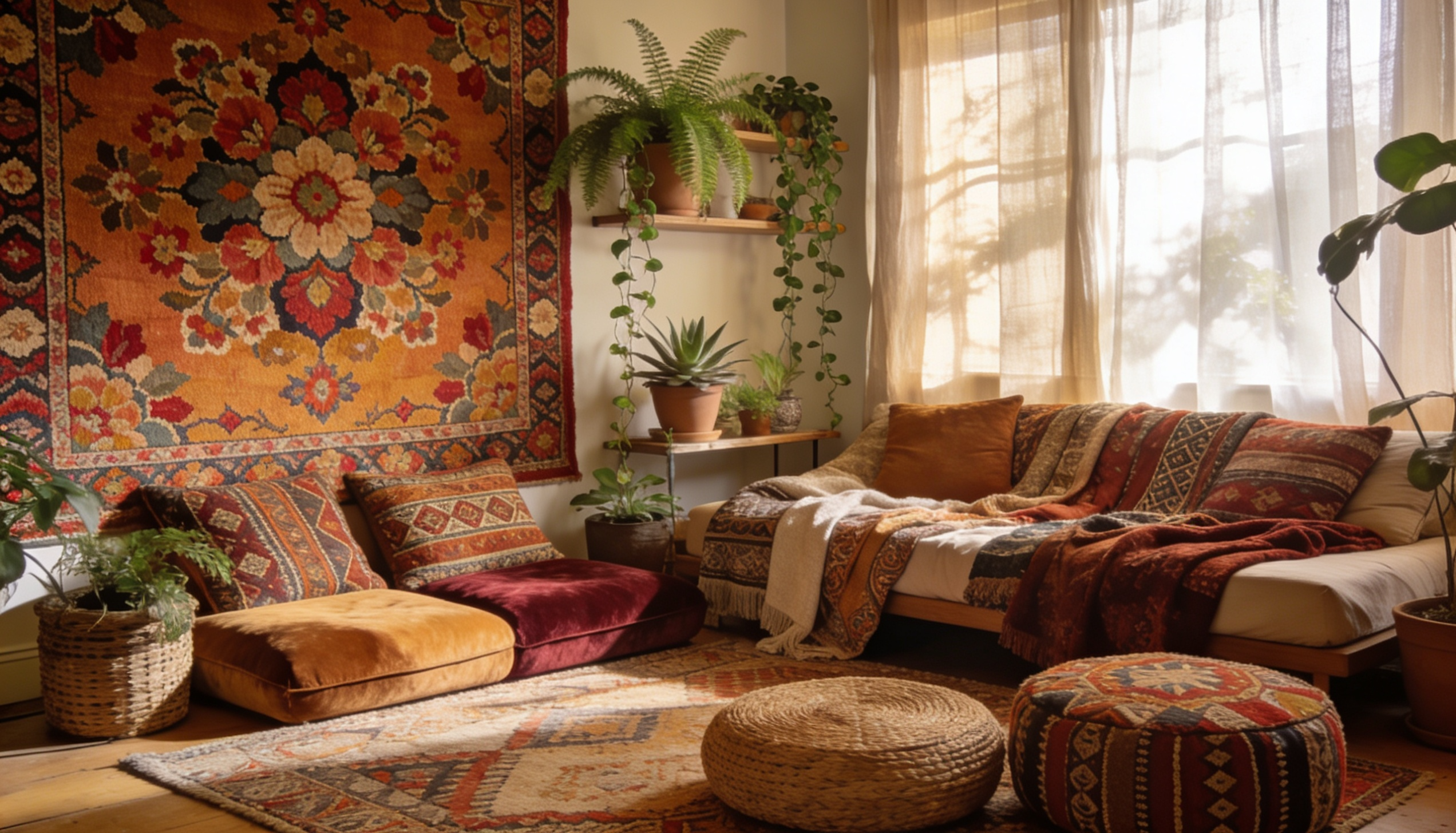 Colorful tapestry wall creating a vibrant bohemian focal point with layered textile patterns.
