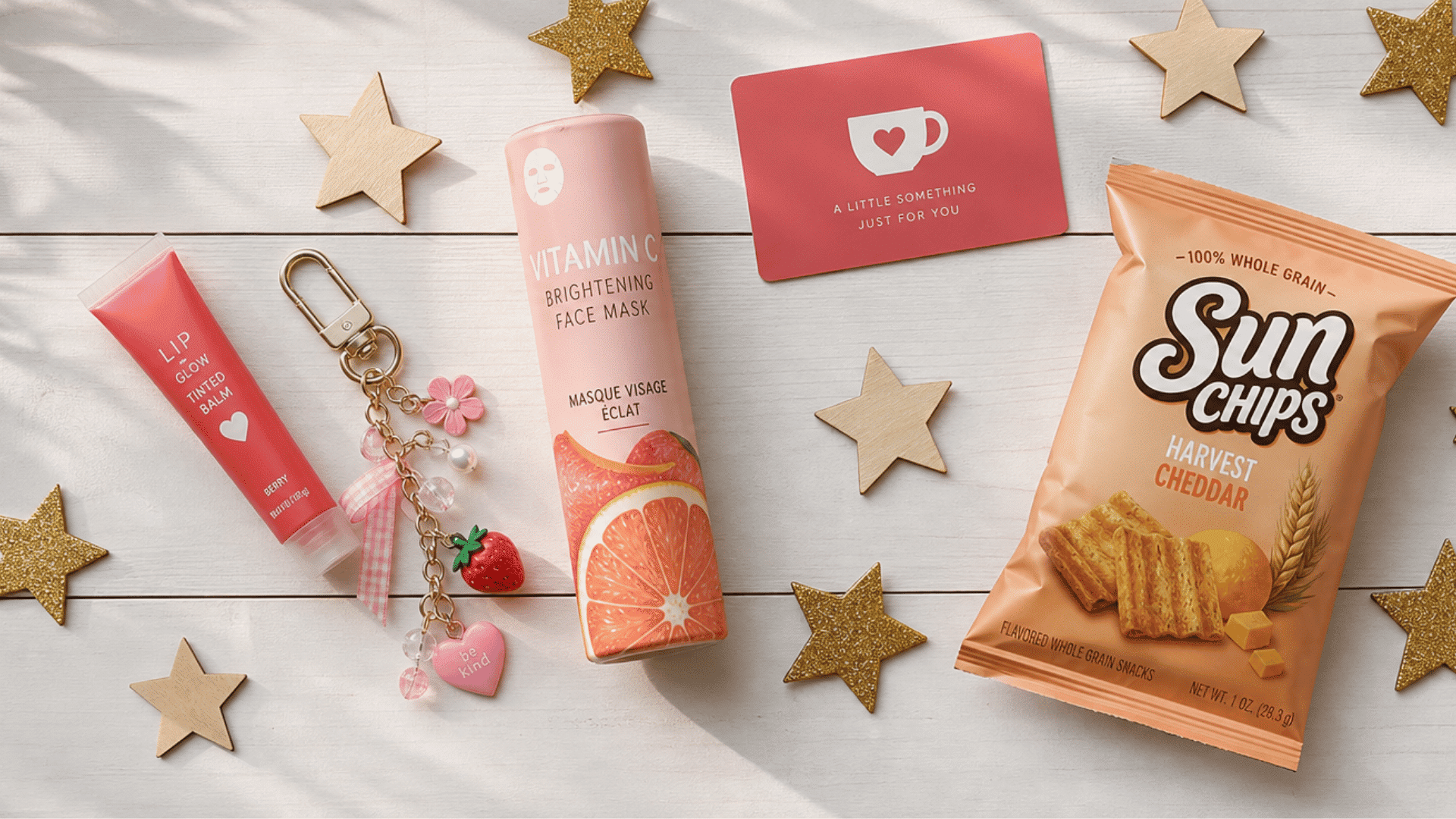 teen advent calendar with lip balm, phone charm, face mask, gift card, and snacks on white wood