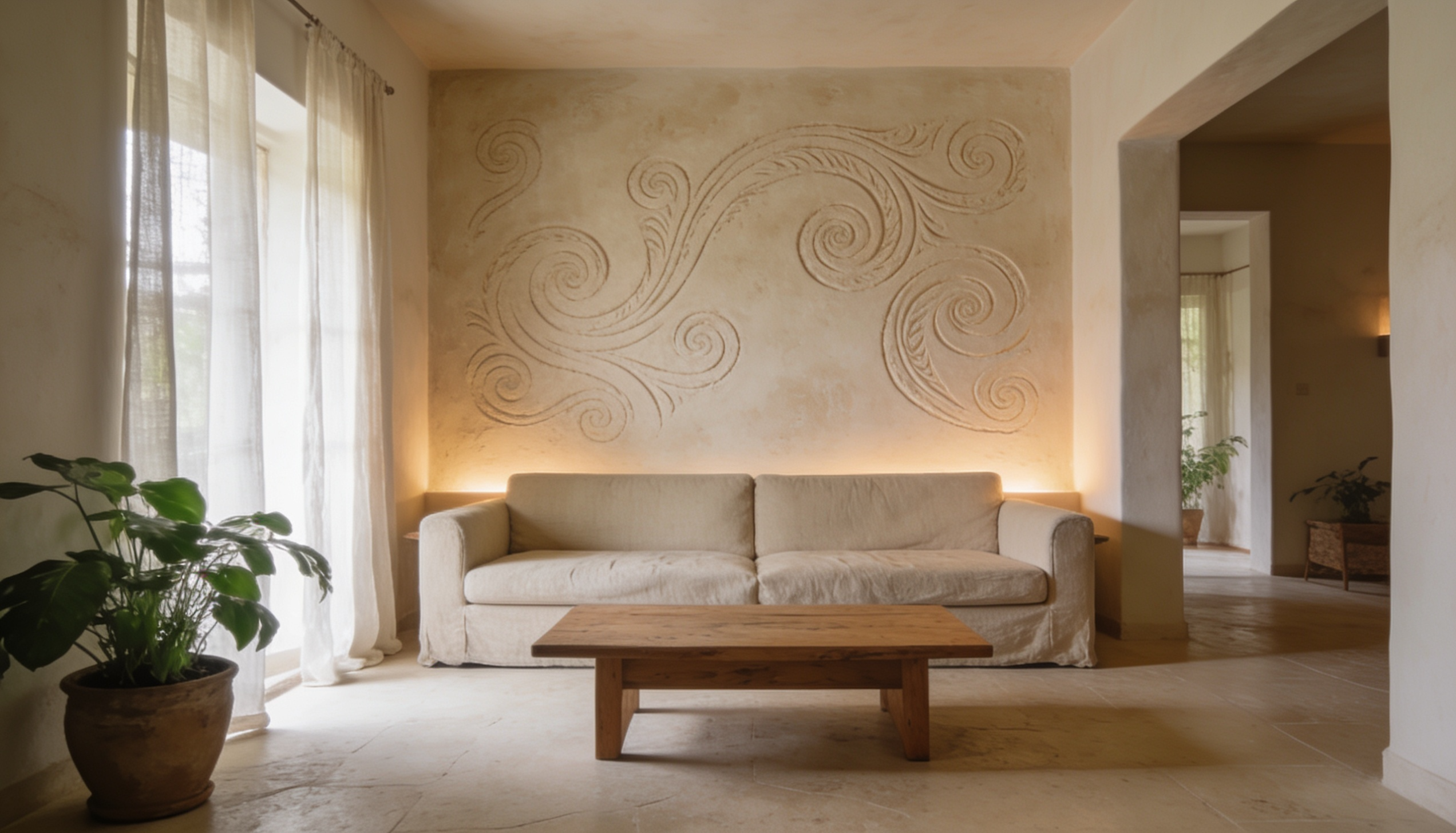 A warm textured plaster accent wall in sandy beige with organic trowel patterns