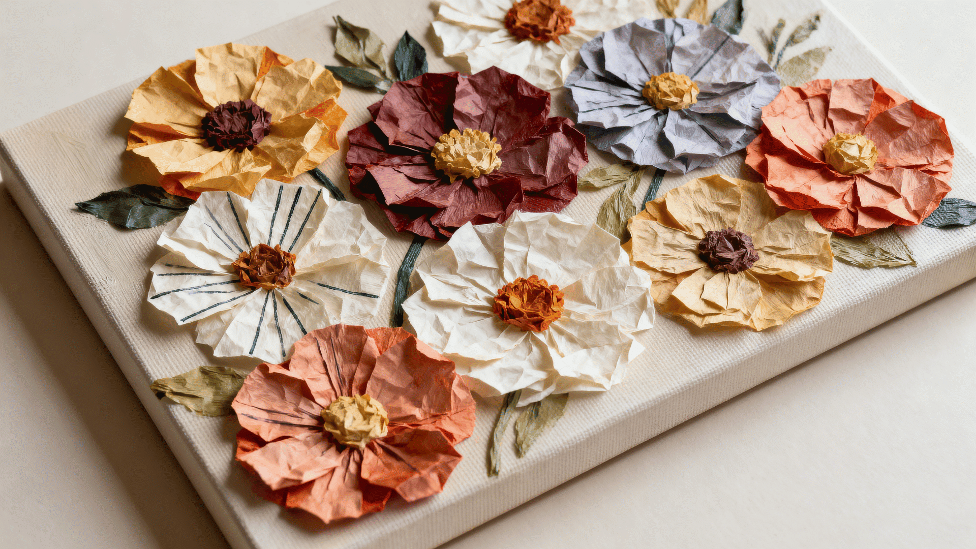 textured flower canvas with raised tissue paper petals and painted floral details
