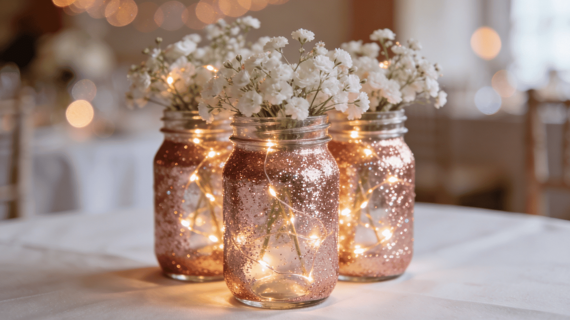 three rose gold glitter jars with white florals and fairy lights on a white tablecloth as centerpieces