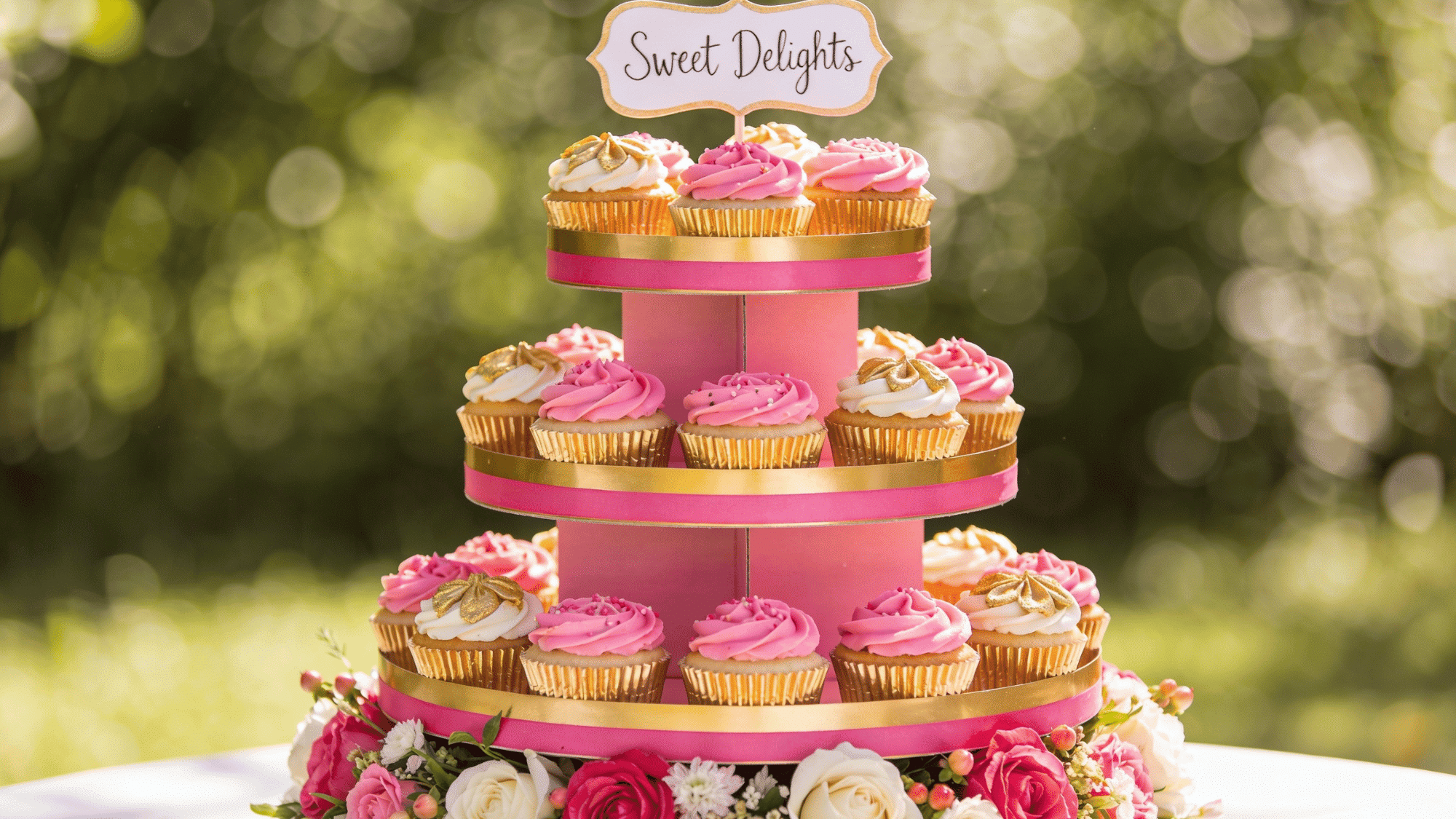 three-tiered cupcake tower in pink and gold paper filled with decorated cupcakes and fresh flowers at the base