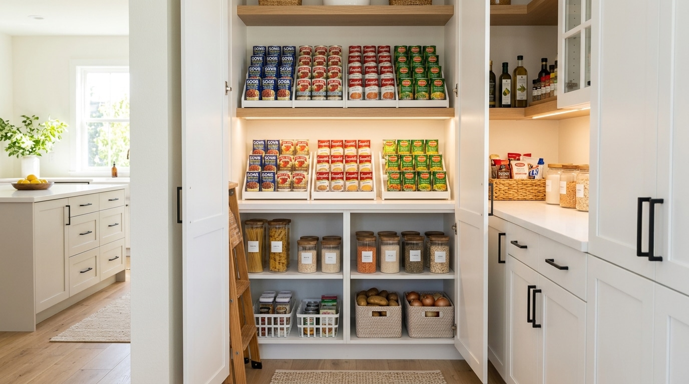 Tiered shelf organizer displaying canned goods for easy visibility.