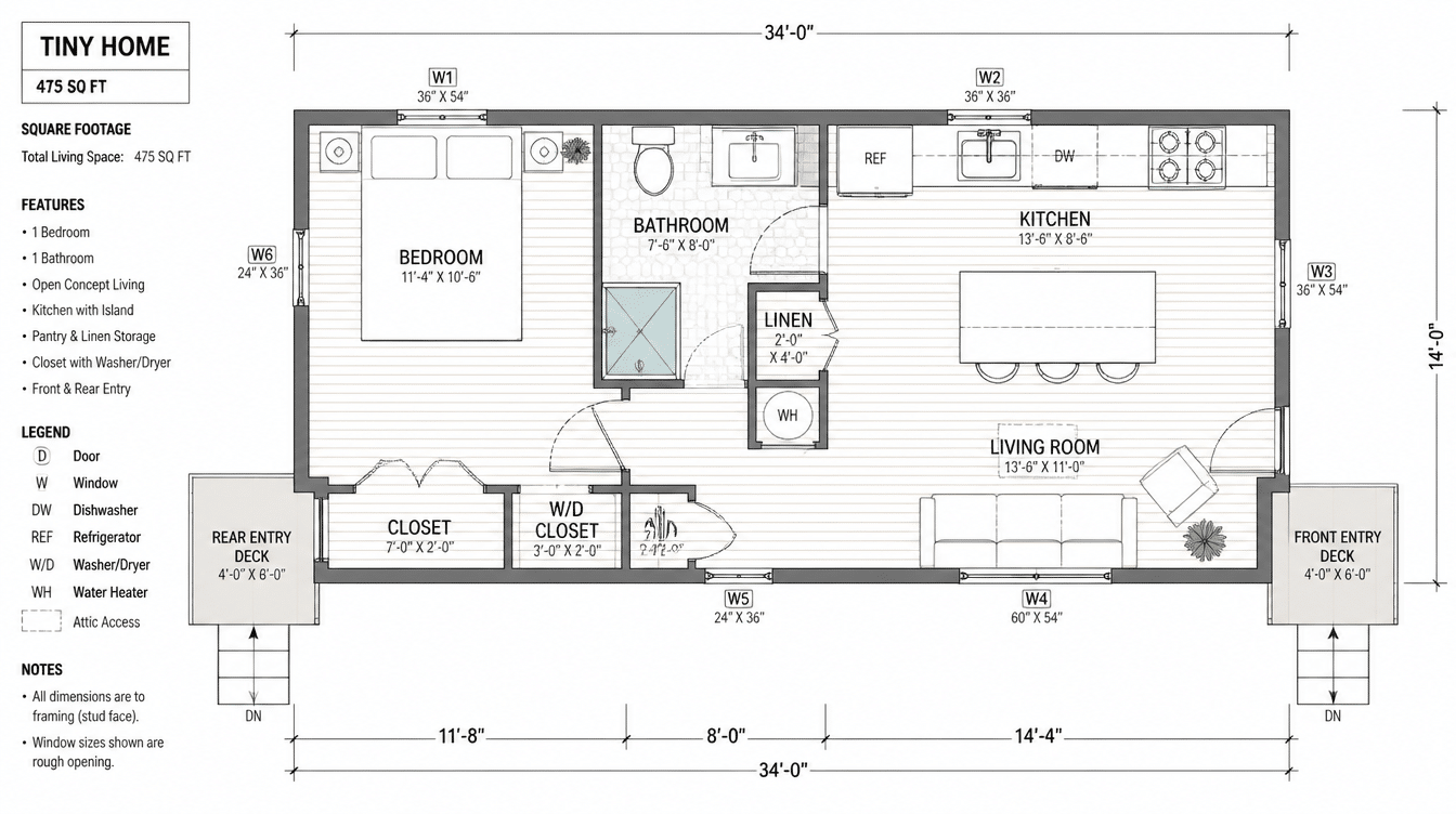 tiny home floor plan, 475 sq ft, 34x14 ft, one bedroom, bathroom, open kitchen with island, living room, closets