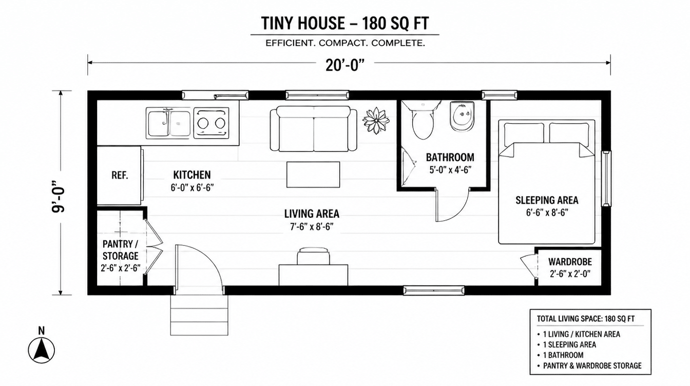 tiny house floor plan, 180 sq ft, 20x9 ft, showing kitchen, living area, bathroom, sleeping area, and storage