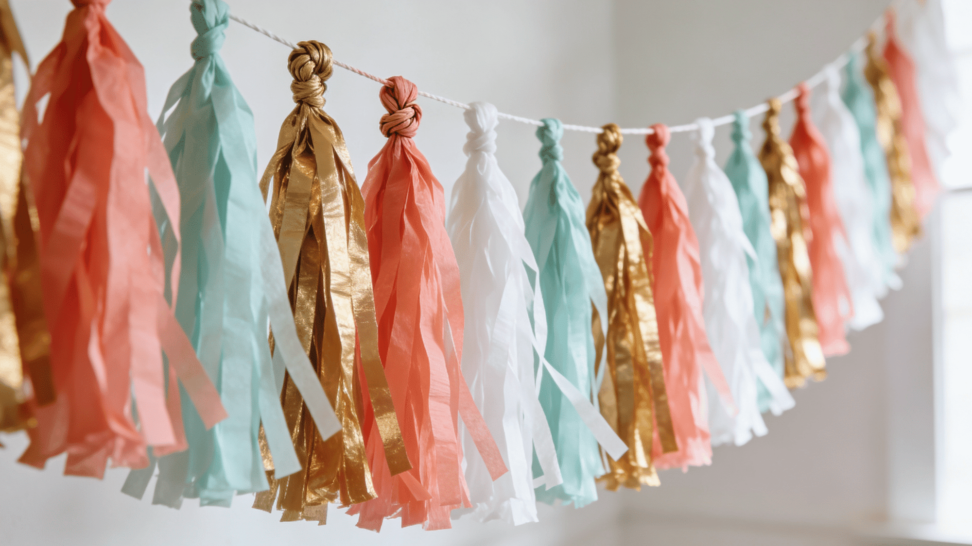 tissue paper tassel garland in coral gold mint and white hanging in a row as a birthday party decoration