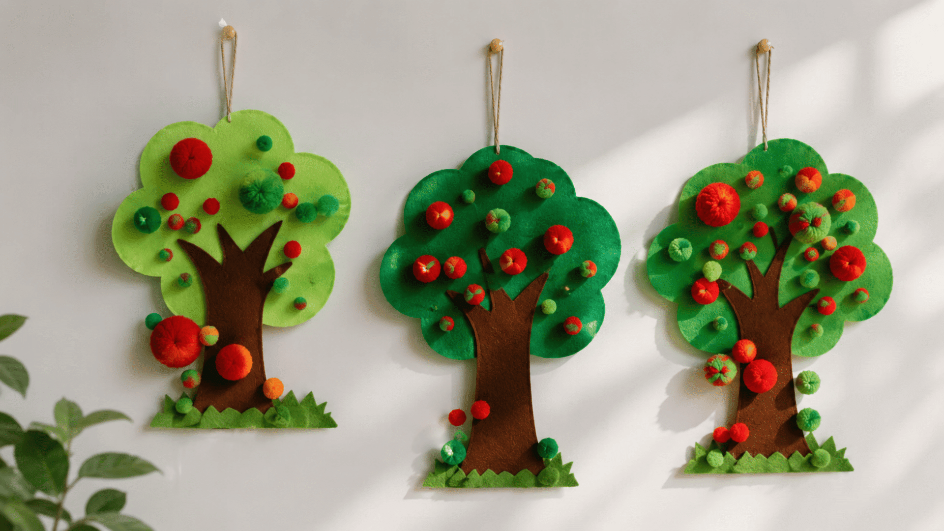 toddler pom pom apple tree apple craft hanging on wall three styles white wall natural shadow and light visible sunlight glare