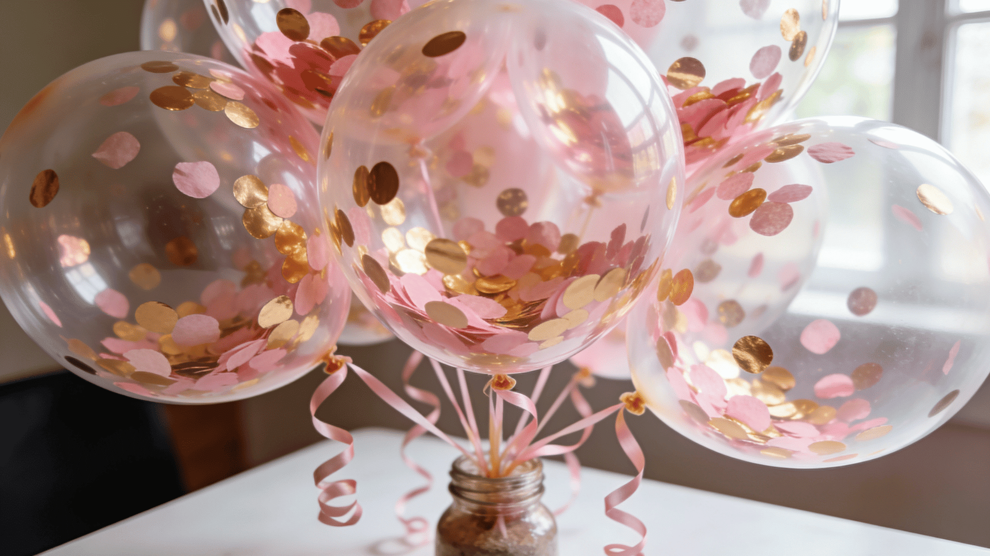 transparent confetti balloons filled with pink and gold paper confetti tied to a small jar on a party table