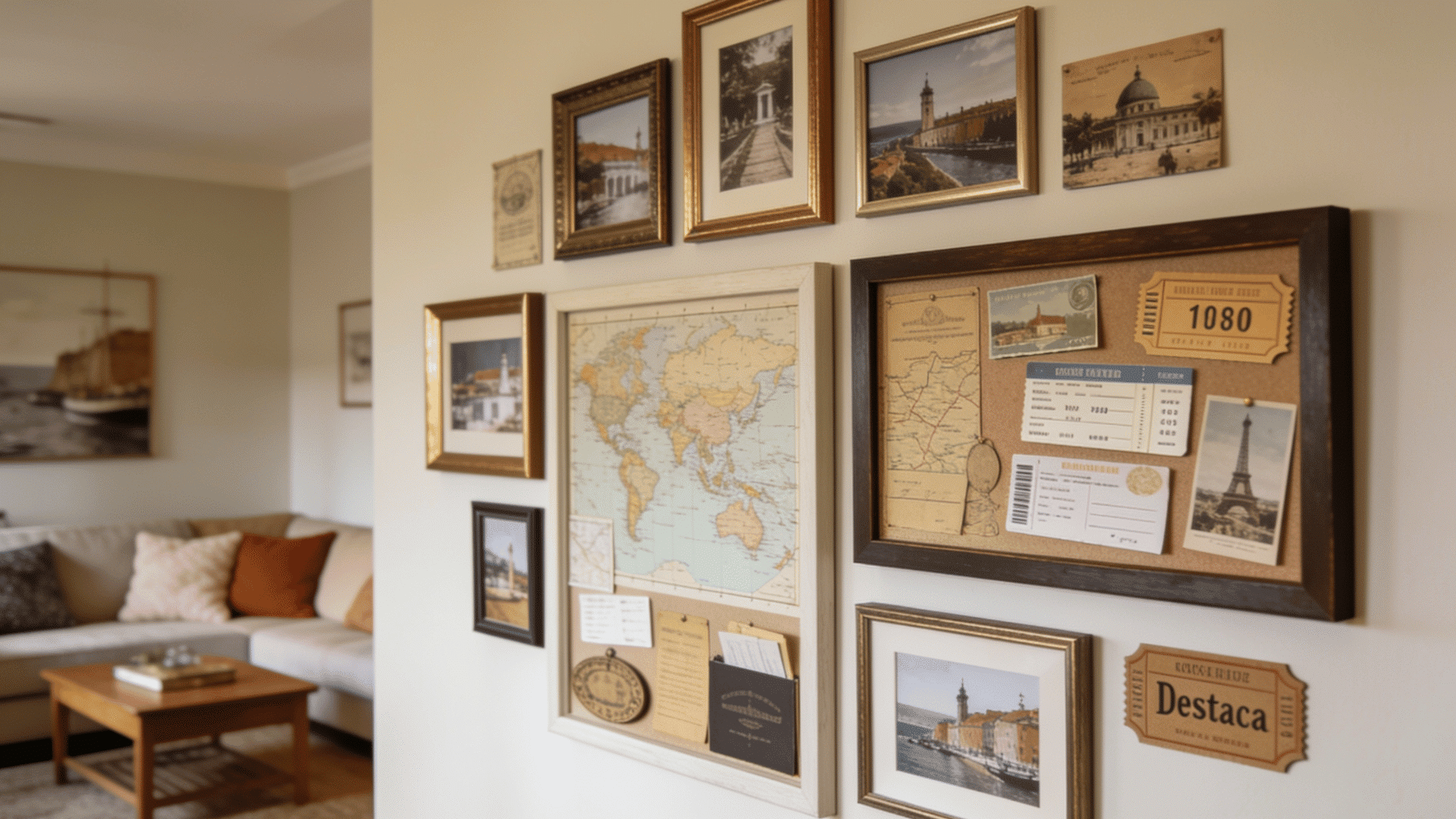 travel memory themed gallery wall with maps postcards tickets and framed photos arranged in a cozy living space
