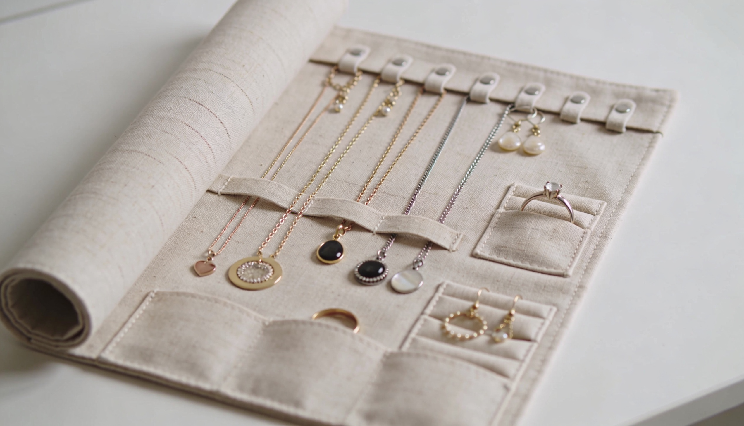 A compact DIY travel jewelry case unrolled on a white surface with small fabric pockets neatly holding necklaces, earrings, and rings.