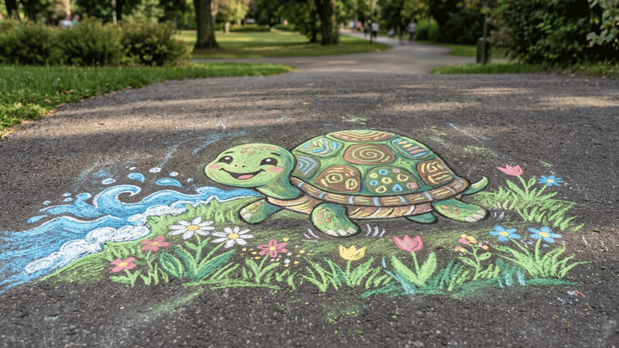 cute turtle chalk art drawing with a rounded shell, shell patterns, tiny legs