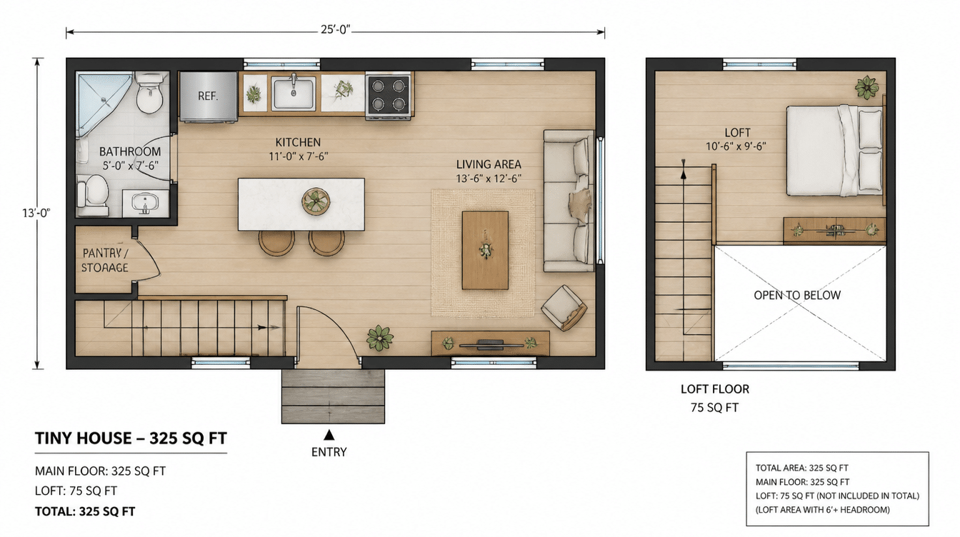 two-level tiny house floor plan, 325 sq ft main floor