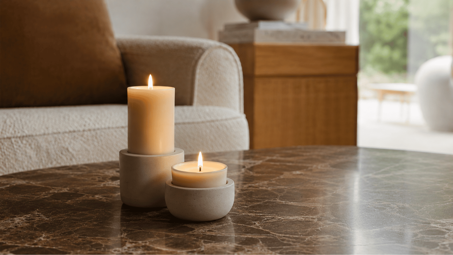 Two pillar candles in concrete holders styled on a dark marble coffee table