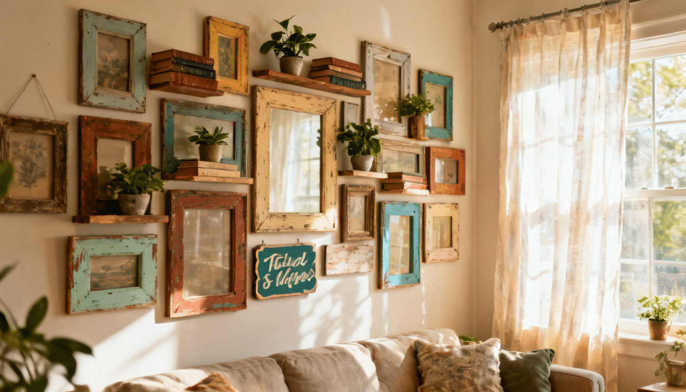 Upcycled frame collage wall with painted vintage frames in different sizes
