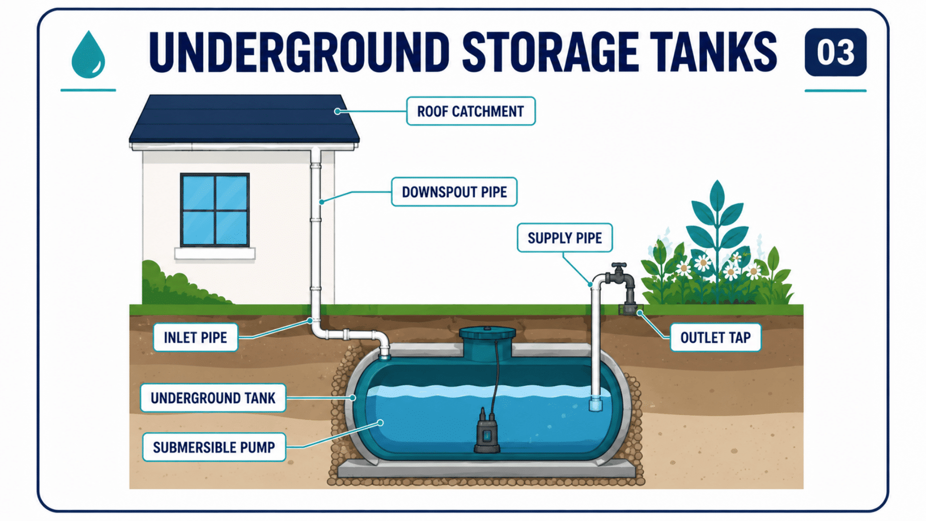 Underground storage tank diagram showing rainwater collection, underground storage, and water distribution.