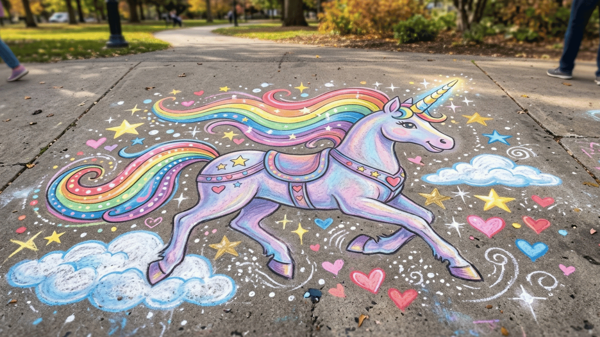 magical sidewalk chalk art unicorn with a spiral horn, flowing rainbow mane
