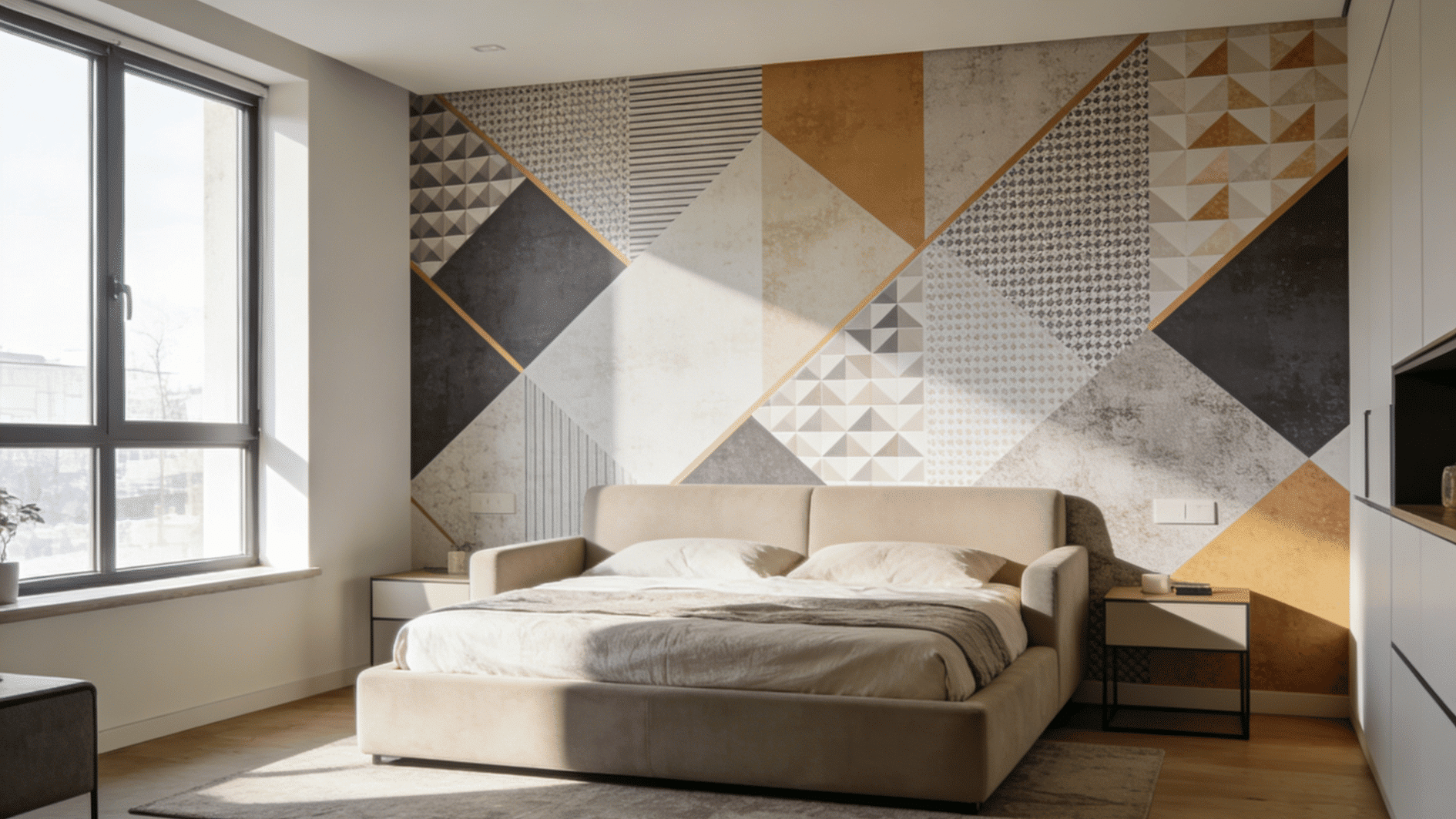 upholstered bed against a geometric feature wall with mixed patterns and warm earth tones
