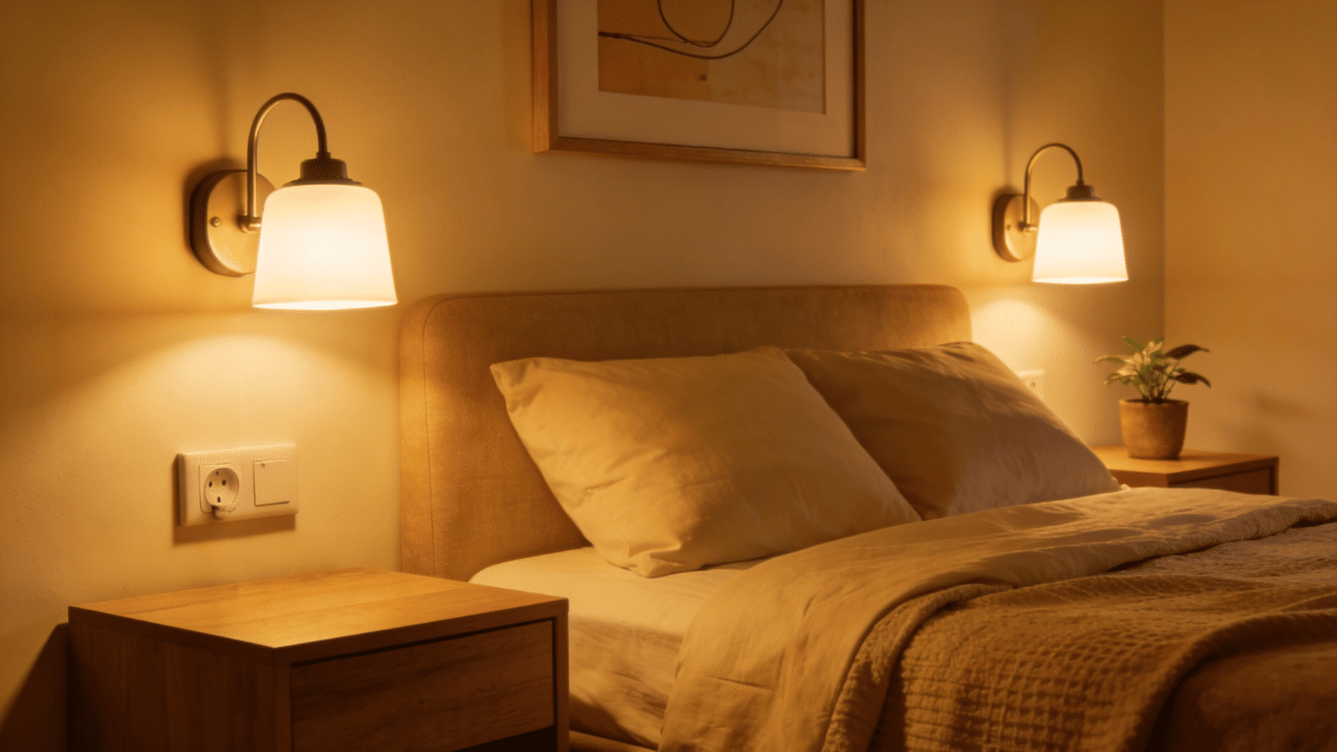 upholstered bed with wall mounted bedside sconces and warm ambient lighting in a cozy bedroom