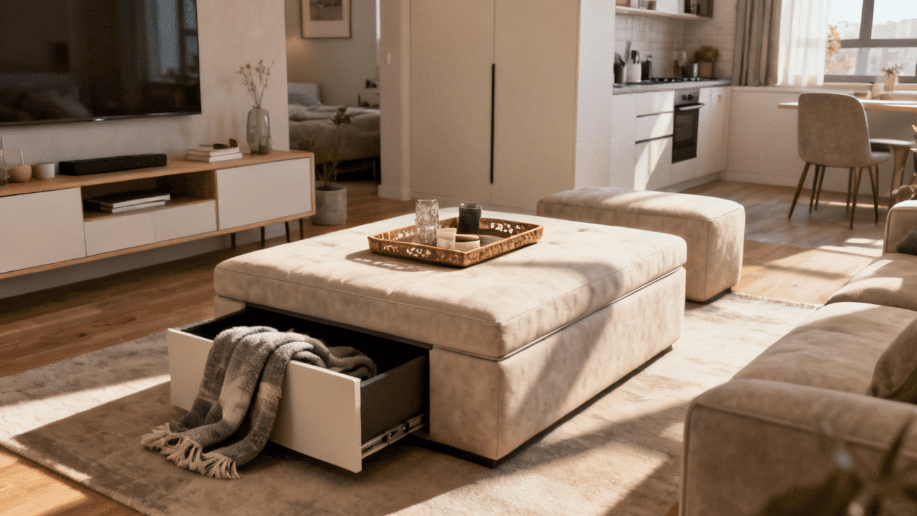 upholstered storage ottoman with open drawer in a bright open plan living room